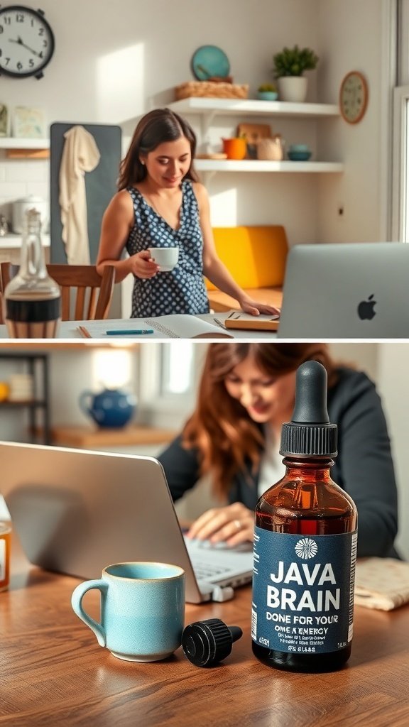 Person enjoying Java Brain enhanced coffee while working productively at desk