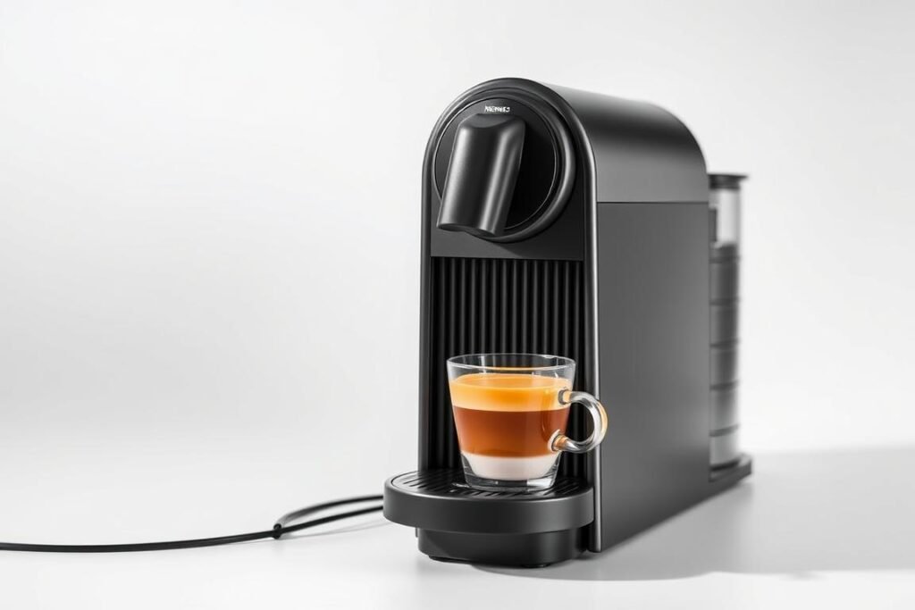 Nespresso VertuoPlus coffee maker with a freshly brewed cup of coffee Nespresso VertuoPlus coffee maker with a freshly brewed cup of coffee
