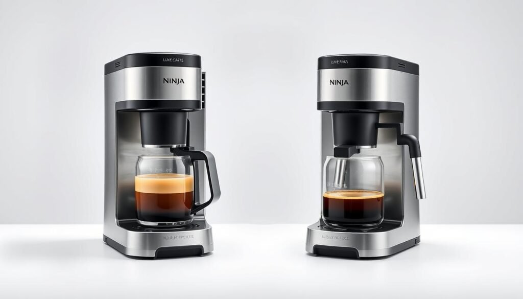 Ninja Luxe Café brewing coffee with its multi-function capabilities visible Ninja Luxe Café brewing coffee with its multi-function capabilities visible