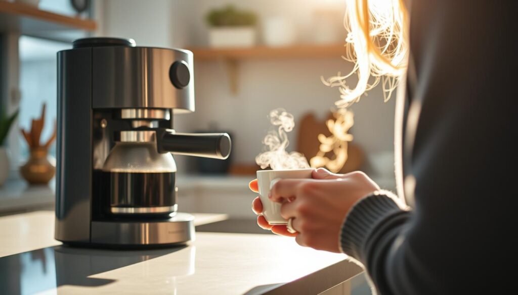 Person enjoying freshly brewed coffee from one of the top coffee makers in a bright kitchen setting Person enjoying freshly brewed coffee from one of the top coffee makers in a bright kitchen setting
