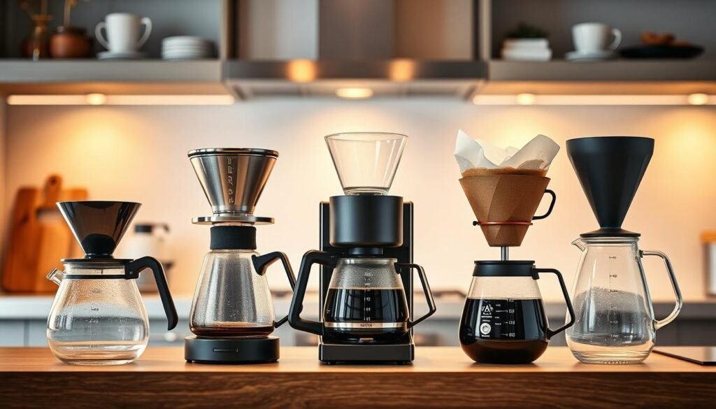Various types of coffee makers including drip, espresso, and pour-over displayed on a kitchen counter Various types of coffee makers including drip, espresso, and pour-over displayed on a kitchen counter