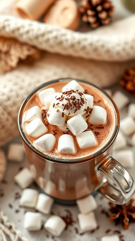 A cozy cup of marshmallow-infused hot chocolate topped with whipped cream and marshmallows, set against a warm background.