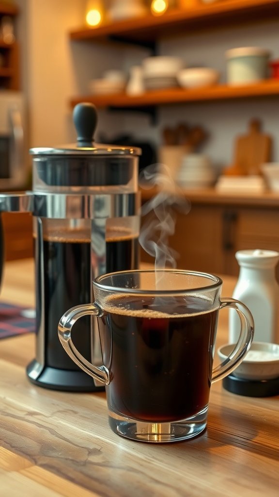 Perfect French Press Coffee Recipe A cup of French press coffee with the press and milk jug on a wooden table.