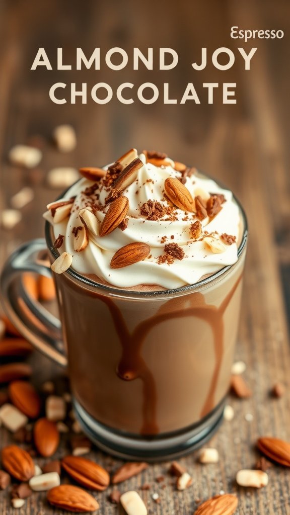 A cozy mug of Almond Joy Espresso Hot Chocolate topped with whipped cream and almonds.