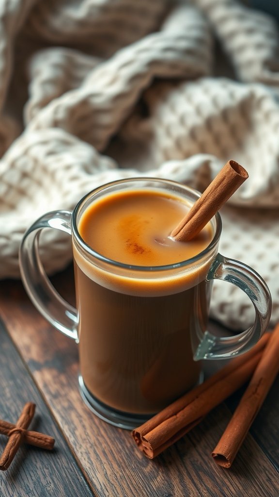 A cozy cup of French press coffee with a cinnamon stick, set against a warm blanket.