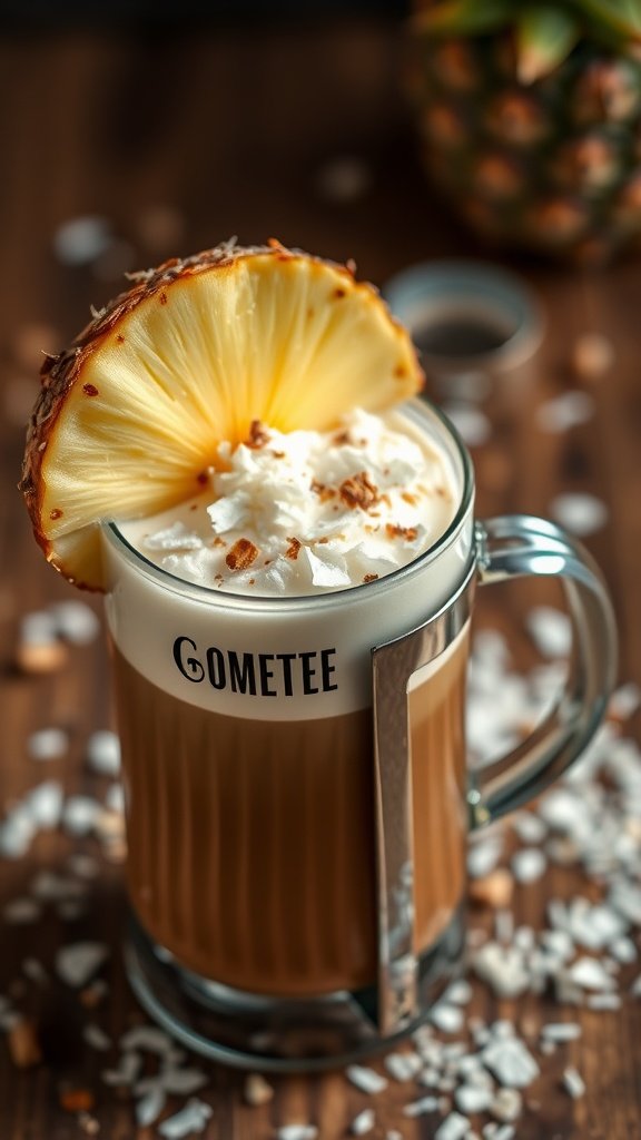 A mug of Coconut Cream French Press Coffee topped with whipped cream and a slice of pineapple.