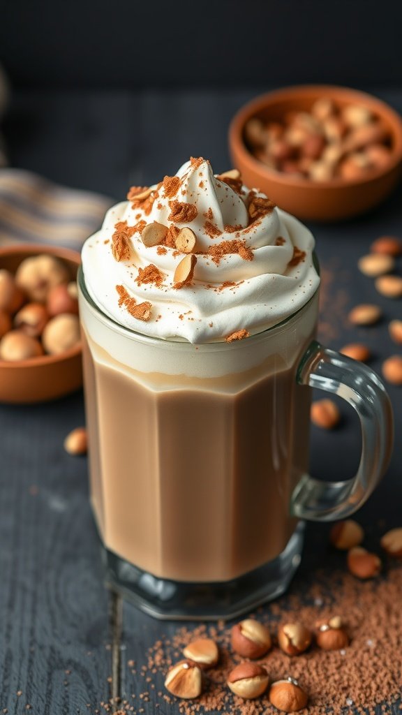 A creamy hazelnut latte topped with whipped cream and chopped hazelnuts, served in a glass mug.