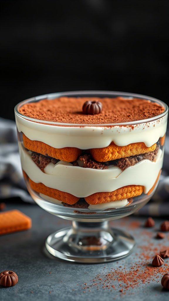 A delicious espresso infused tiramisu trifle in a glass dish, layered with ladyfingers and creamy mascarpone.