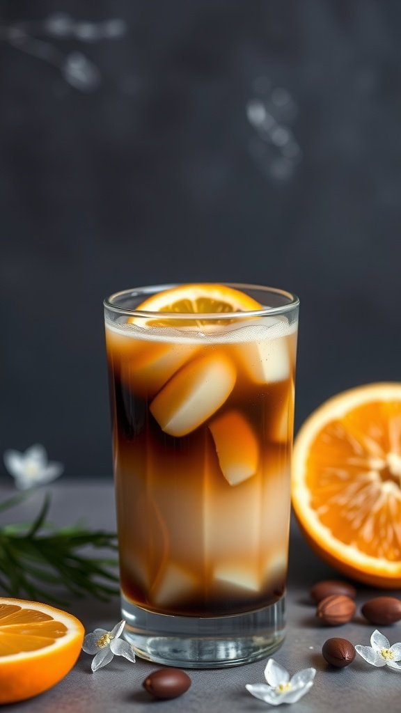 A glass of cold brew coffee with almond milk, garnished with orange slices and surrounded by coffee beans and flowers.