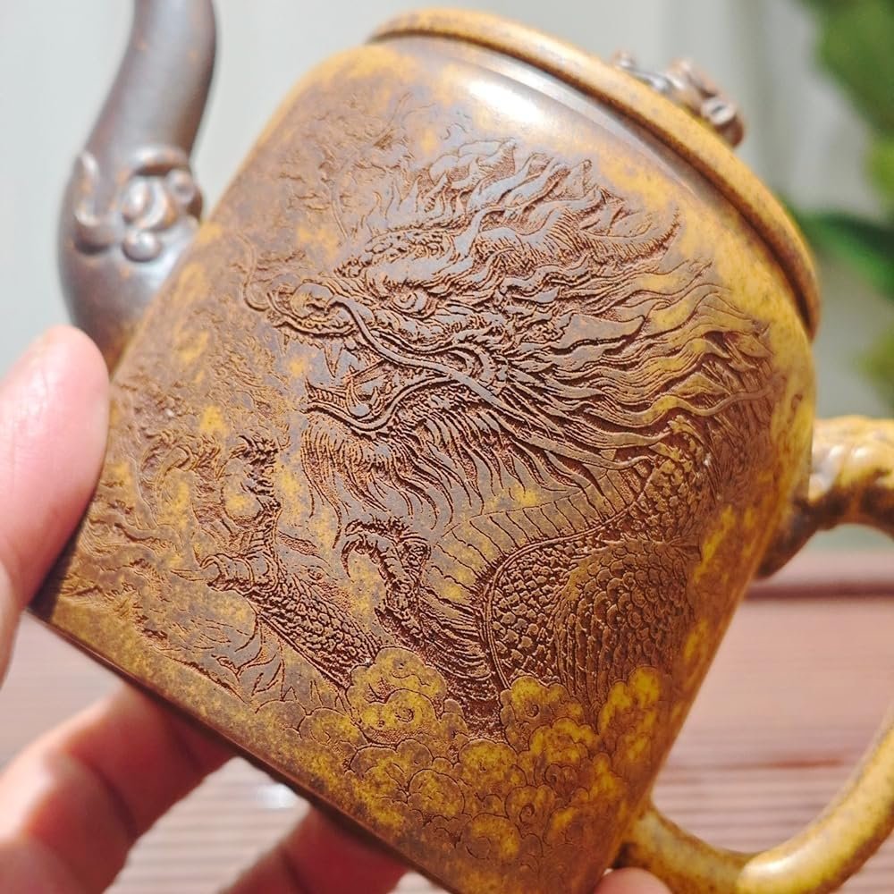 Genuine Yixing Clay Teapot 12.8 Oz, Handmade Golden Yellow Clay Zisha Tea Pot,Infuse Brew Kung Fu Tea Maker -Azure Dragon Genuine Yixing Clay Teapot 12.8 Oz, Handmade Golden Yellow Clay Zisha Tea Pot,Infuse Brew Kung Fu Tea Maker -Azure Dragon