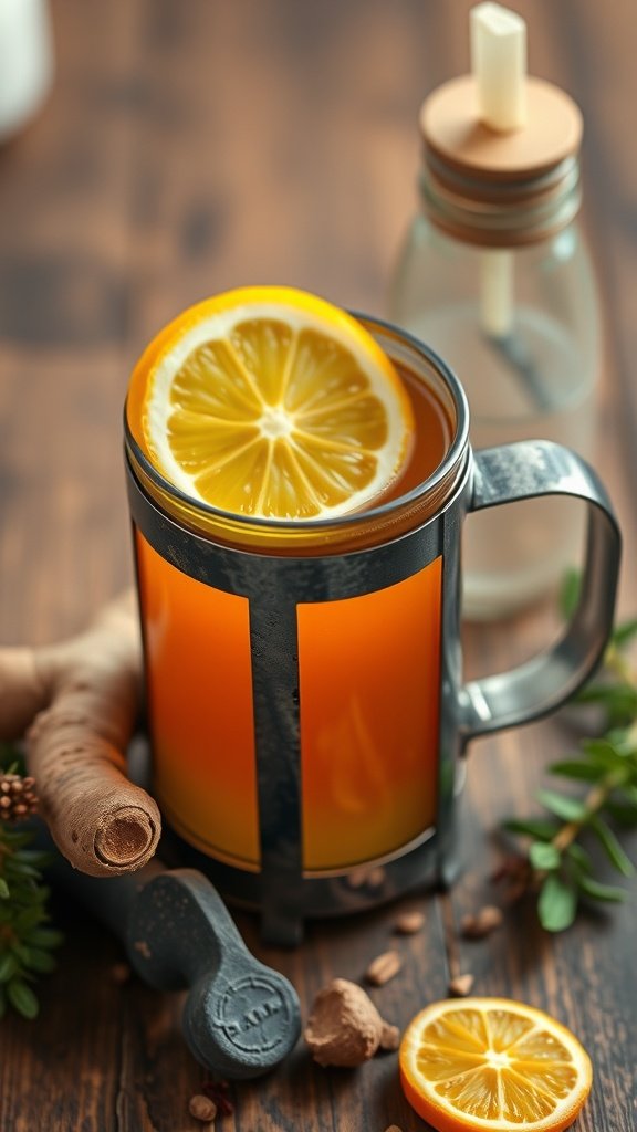 A cozy cup of Ginger Turmeric French Press Brew with lemon slice on top, surrounded by fresh ginger and turmeric.