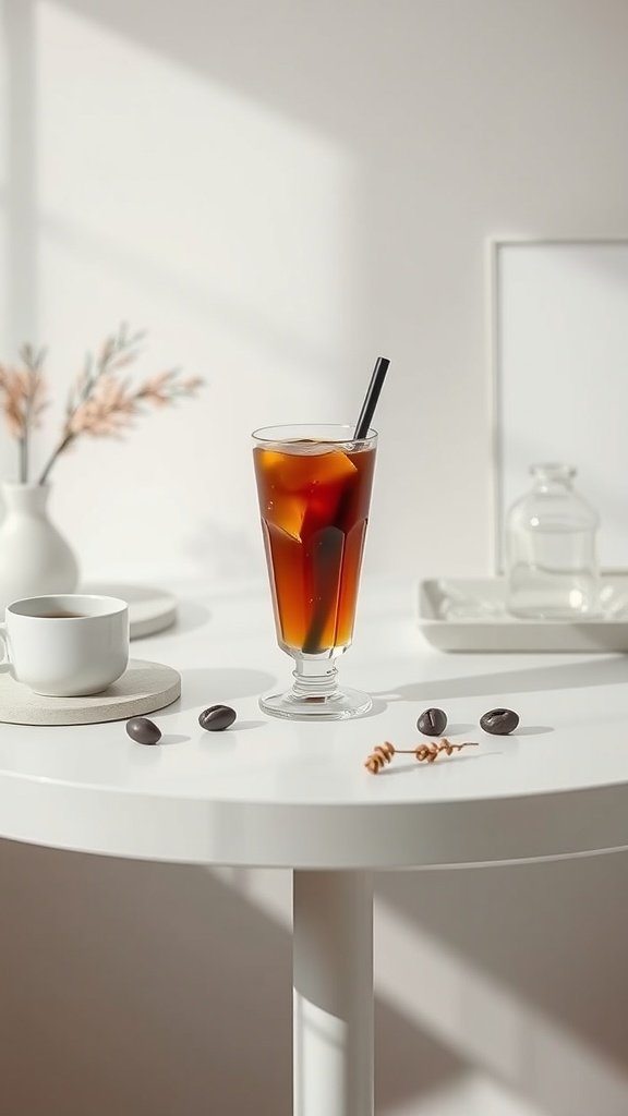 A minimalist iced coffee setup featuring a clear glass of iced coffee, a white mug, and coffee beans on a white table.