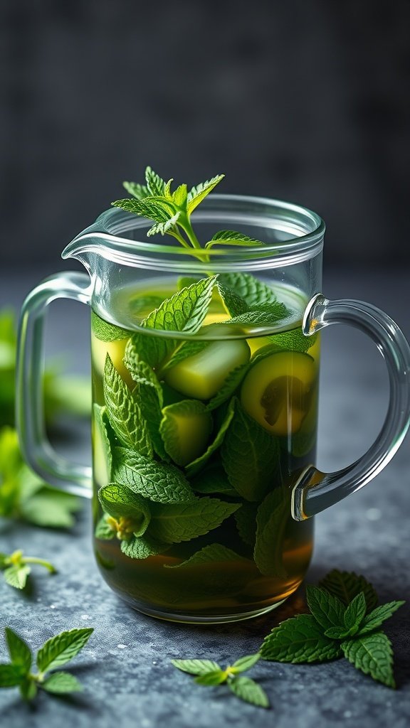 A French press filled with fresh mint leaves and green tea infusion.