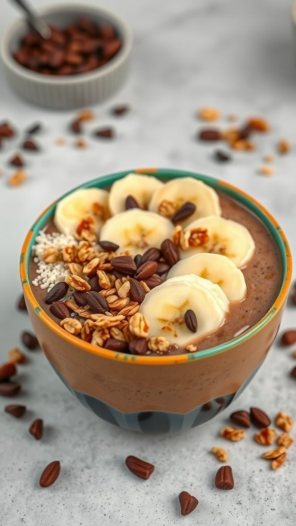 A delicious mocha espresso smoothie bowl topped with banana slices, granola, and coffee beans.