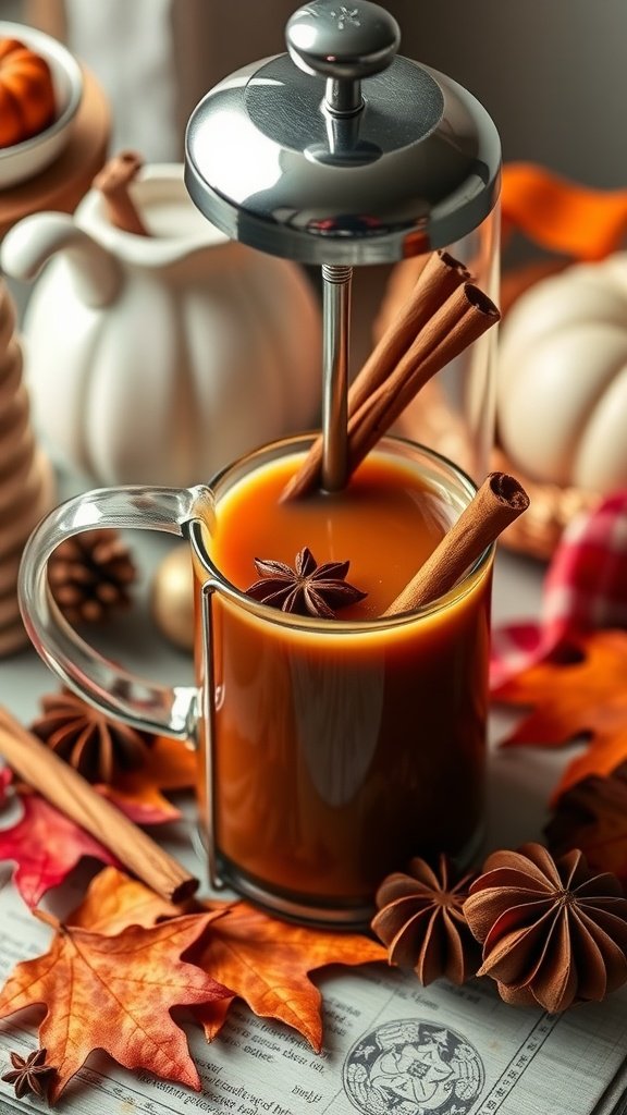 A cozy cup of spiced chai tea made in a French press, surrounded by autumn leaves and spices.