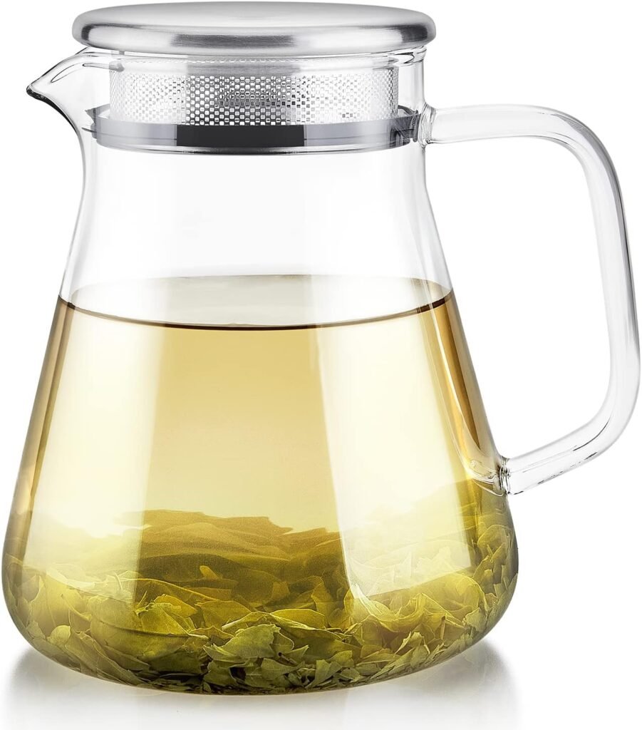 Teabloom One-Touch Tea Maker, 2-in-1 Teapot and Kettle with Stainless Steel Filter Lid for Loose Tea – Stain-free Borosilicate Glass Teapot (27 Oz) – Tea Connoisseurs Choice
