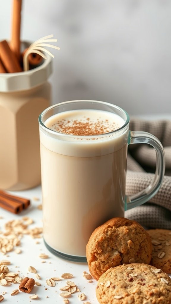 A cozy cup of Vanilla Cinnamon Oat Milk French Press Coffee with cookies and cinnamon sticks.