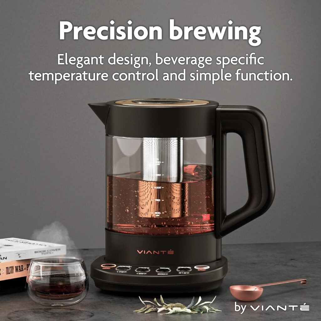 Vianté Electric Kettle With Infuser For Loose Leaf. Hot Tea Maker With Temperature Control And Automatic Shut Off. Tea Kettle With Brewing Programs. 1.5 Liters Capacity