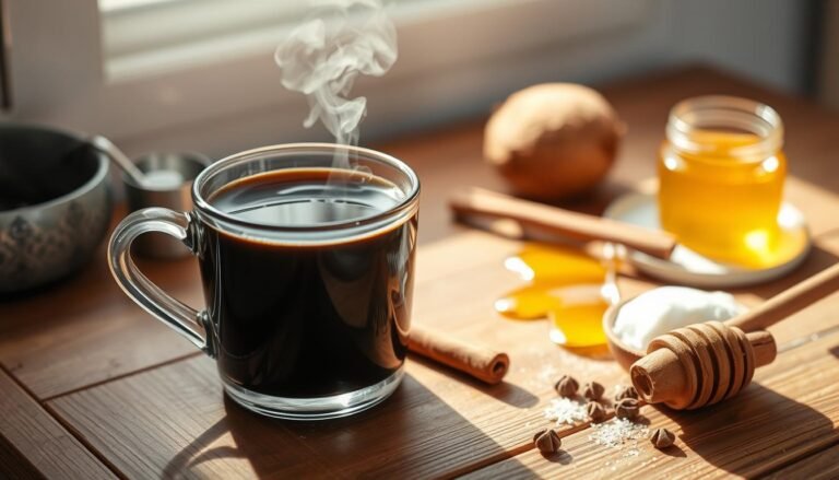 A steaming cup of coffee with cinnamon and metabolism-boosting ingredients nearby
