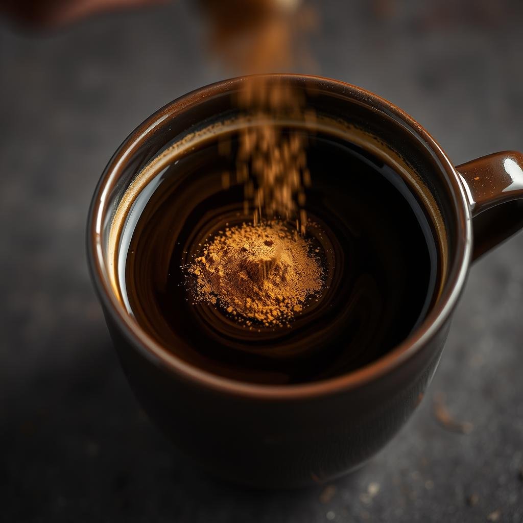 Coffee being sprinkled with cinnamon powder Coffee being sprinkled with cinnamon powder