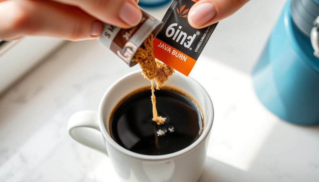 Coffee cup with Java Burn powder being added, showing coffee for weight loss supplement integration