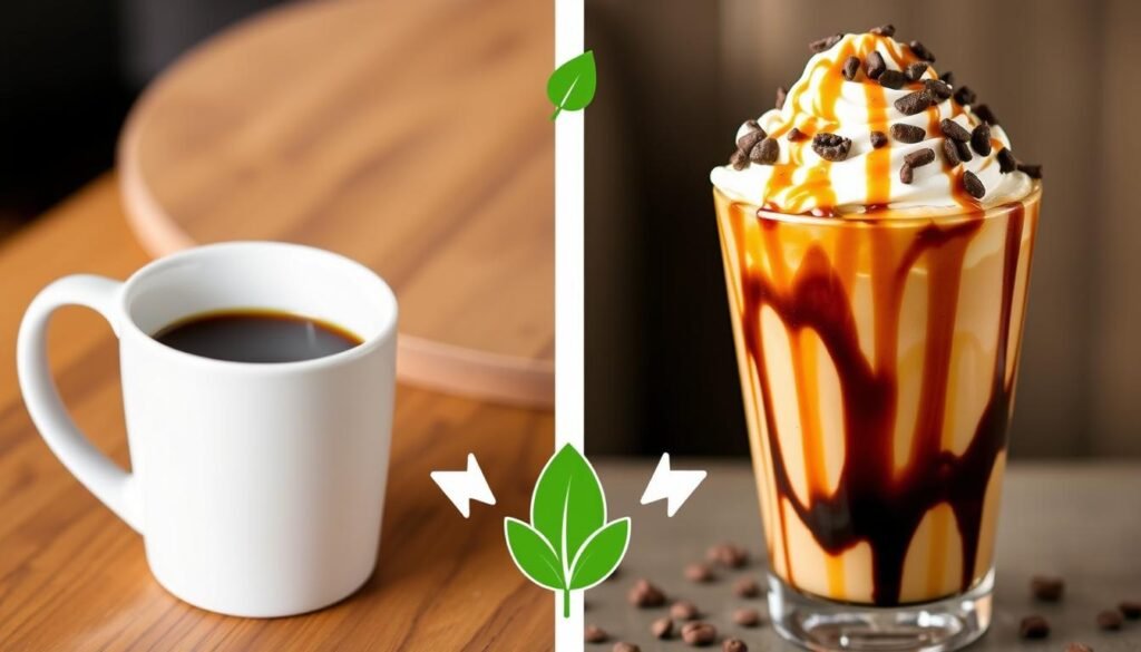 Comparison of healthy black coffee versus CREAMY COFFEE WITYH ICING Comparison of healthy black coffee versus CREAMY COFFEE WITYH ICING