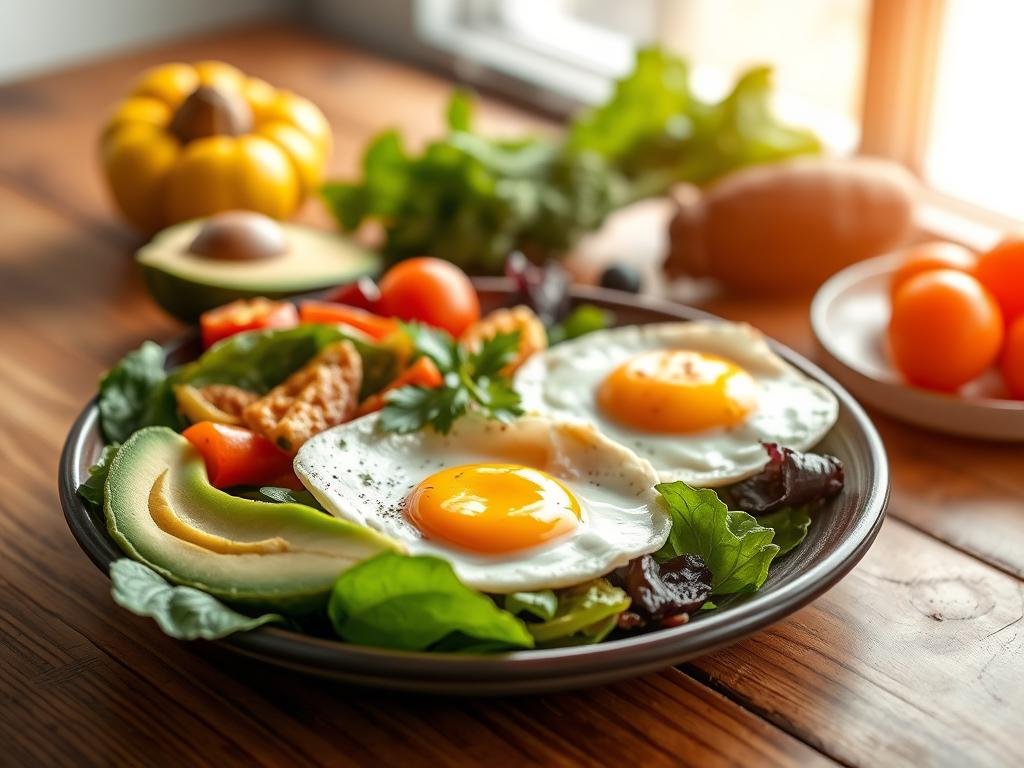 High-protein breakfast with eggs and vegetables as part of morning rituals for weight loss High-protein breakfast with eggs and vegetables as part of morning rituals for weight loss