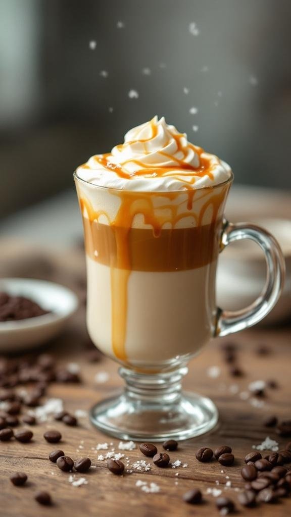 A caramel oat milk latte in a clear glass with layers of espresso and oat milk, topped with whipped cream and caramel drizzle.
