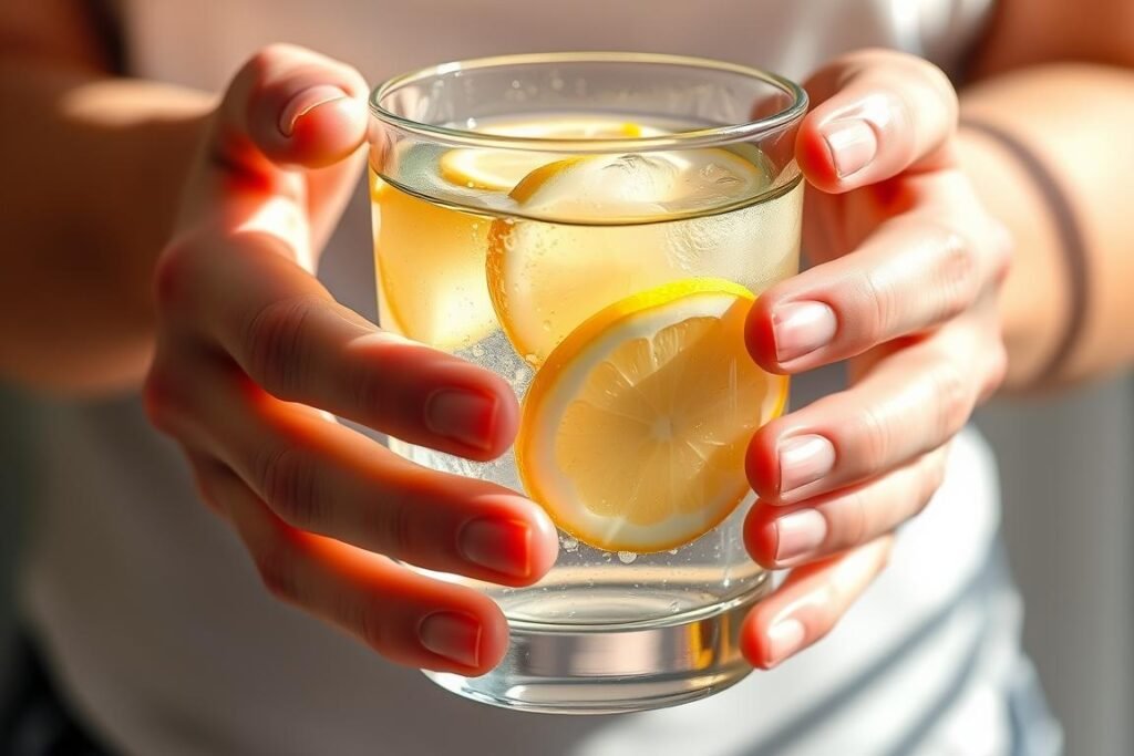 Person drinking lemon water as part of morning rituals for weight loss Person drinking lemon water as part of morning rituals for weight loss