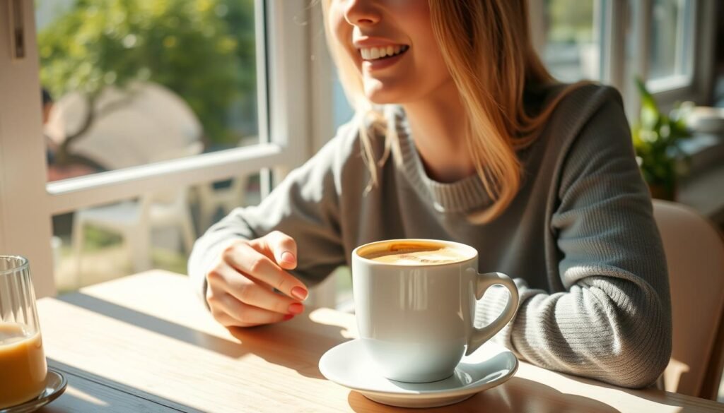 Person enjoying metabolism-boosting coffee while starting their day Person enjoying metabolism-boosting coffee while starting their day