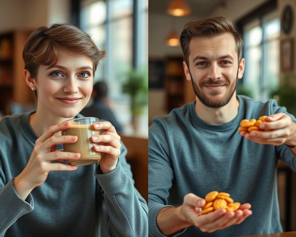 Person feeling satisfied after drinking coffee instead of snacking, demonstrating coffee for weight loss through appetite suppression