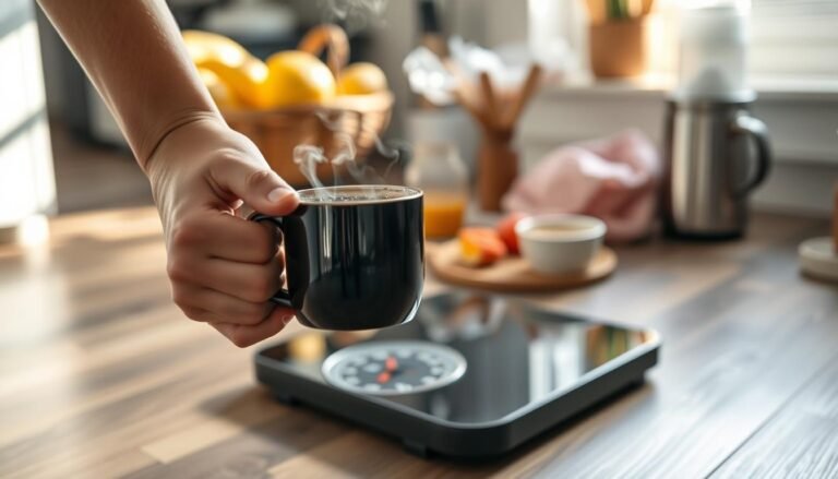 Person holding a cup of coffee with a weight scale in the background, illustrating the concept of coffee for weight loss