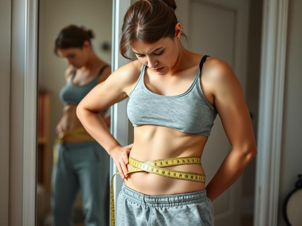 Person looking frustrated while measuring waist with tape measure Person looking frustrated while measuring waist with tape measure