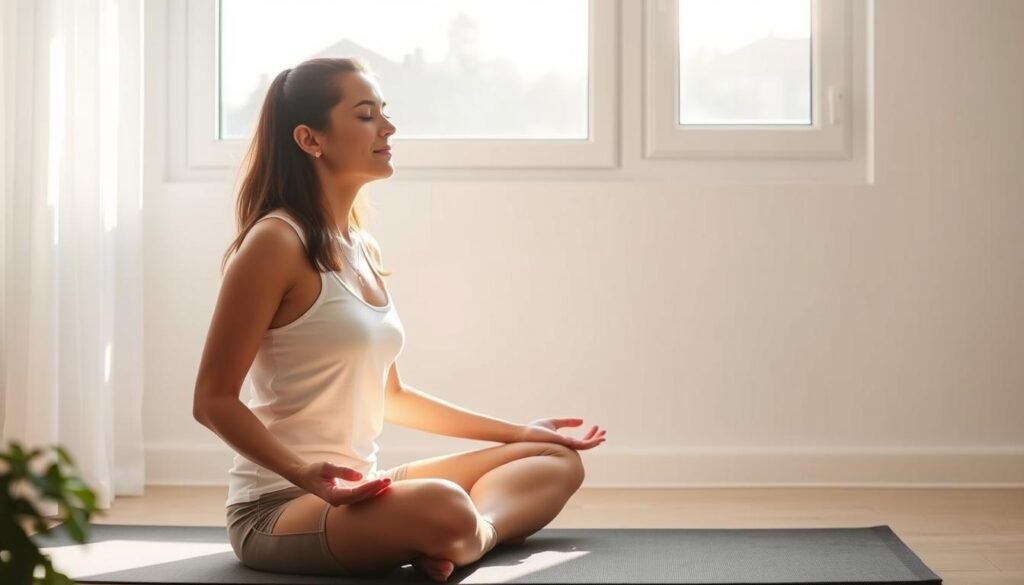 Person meditating in morning light as part of morning rituals for weight loss Person meditating in morning light as part of morning rituals for weight loss