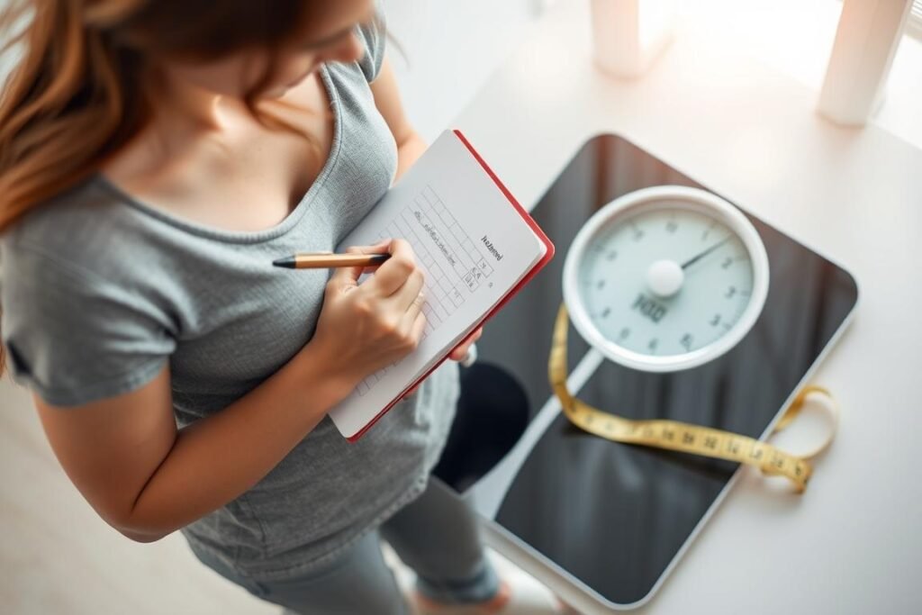 Person tracking weight and measurements as part of morning rituals for weight loss Person tracking weight and measurements as part of morning rituals for weight loss
