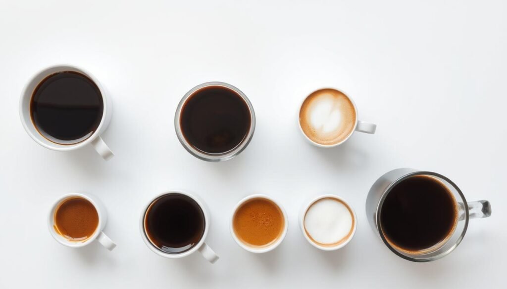 Various coffee cups showing different serving sizes and types Various coffee cups showing different serving sizes and types