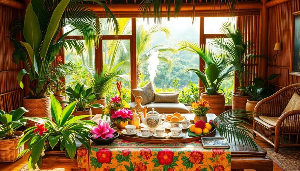 indoor tropical tea theme