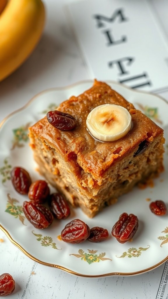 A slice of banana bread coffee cake topped with a banana slice and surrounded by bourbon soaked raisins.