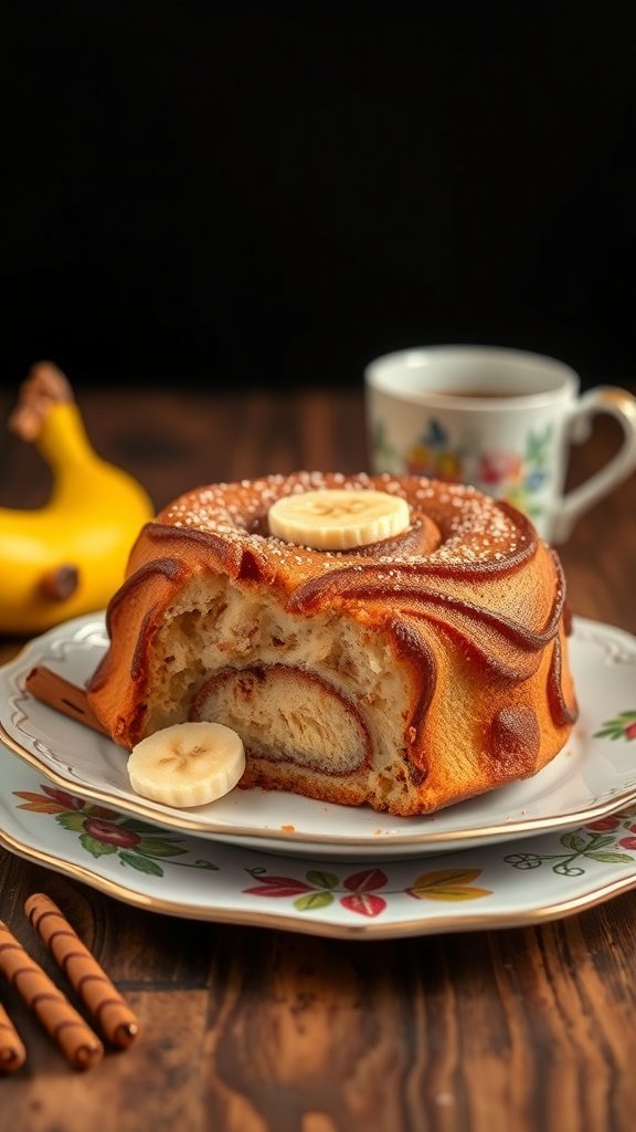 A delicious Cinnamon Roll Banana Cake with banana slices on top, served on a decorative plate with a cup of coffee in the background.