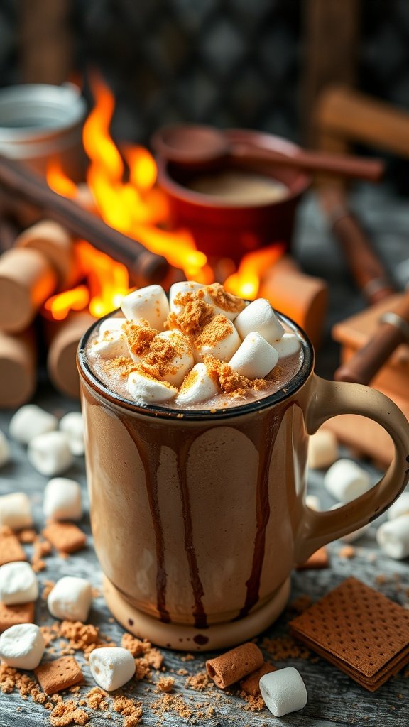 A cozy cup of S'Mores inspired hot chocolate topped with marshmallows and graham crackers, with a campfire in the background.