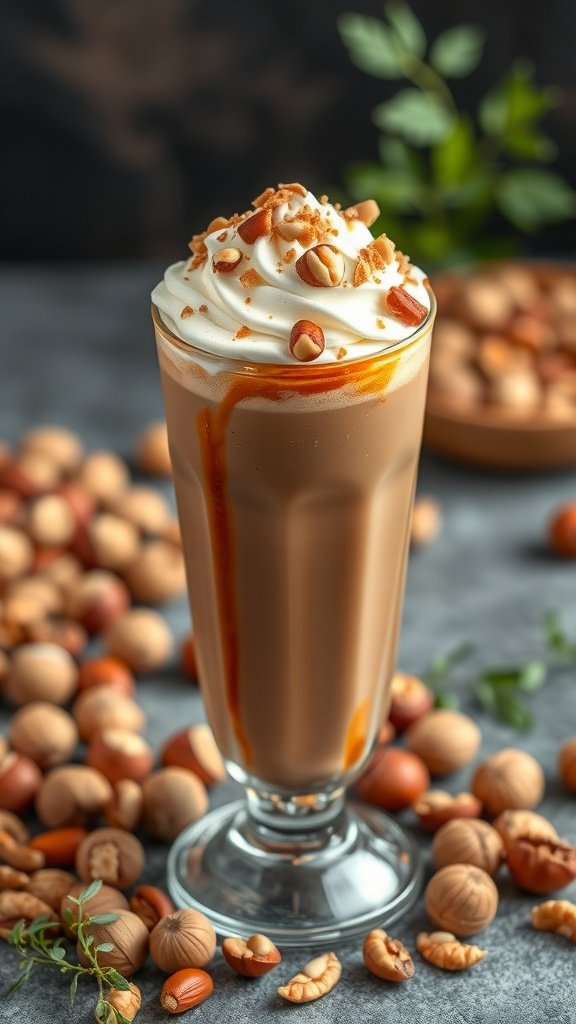 A delicious nutty hazelnut spicy cayenne mocha topped with whipped cream and crushed nuts.