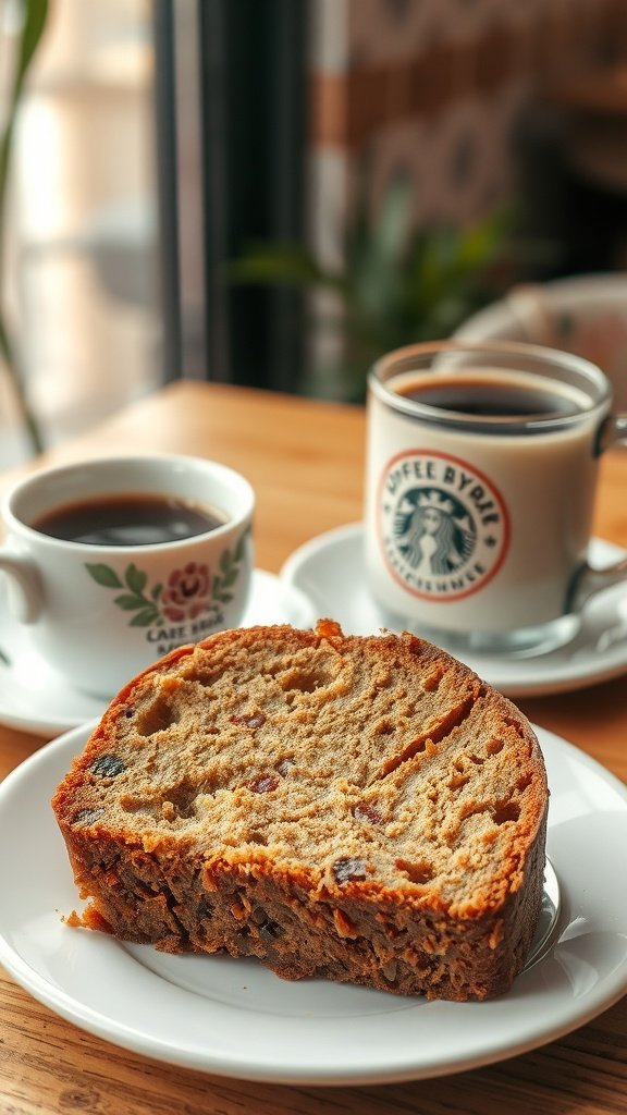 A slice of banana bread coffee cake on a plate with two cups of coffee in the background