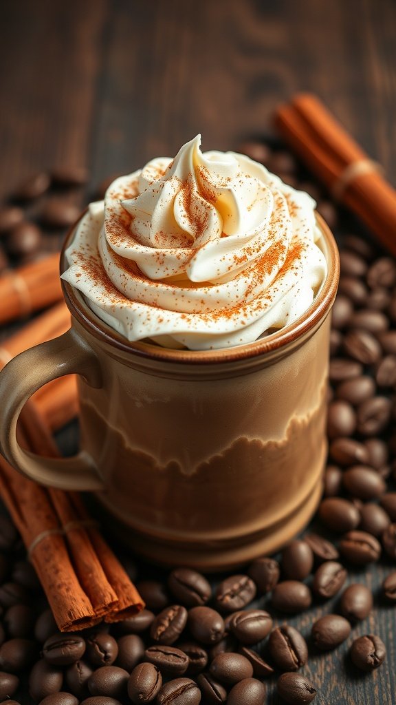 A creamy mocha latte topped with whipped cream and cinnamon, surrounded by coffee beans and cinnamon sticks.
