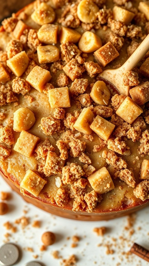 Close-up of a banana bread coffee cake topped with cinnamon streusel and banana slices.