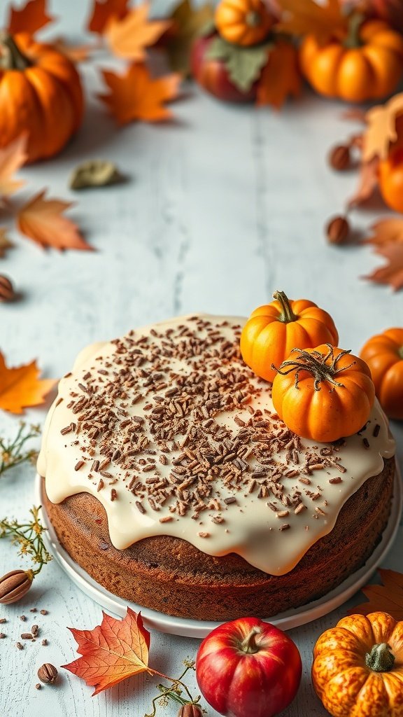 A delicious sour cream coffee cake topped with frosting and small pumpkins, surrounded by autumn leaves and apples.