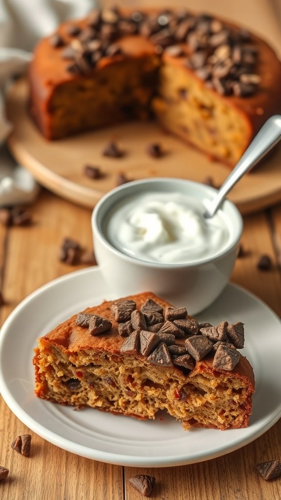 A slice of moist coffee cake topped with chocolate chips, served with a bowl of yogurt.