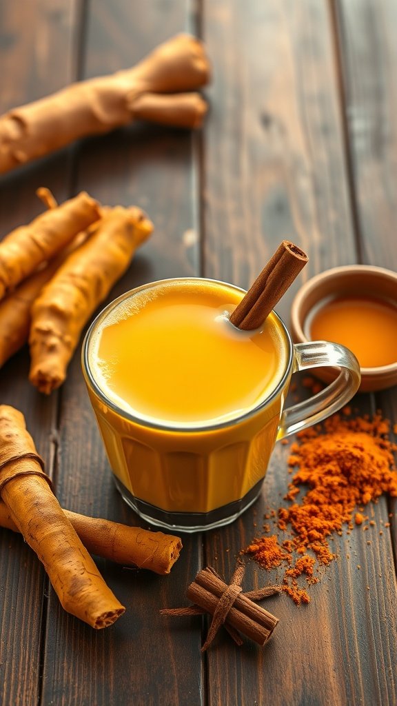 A golden turmeric latte in a glass mug with cinnamon sticks and turmeric roots on a wooden table.