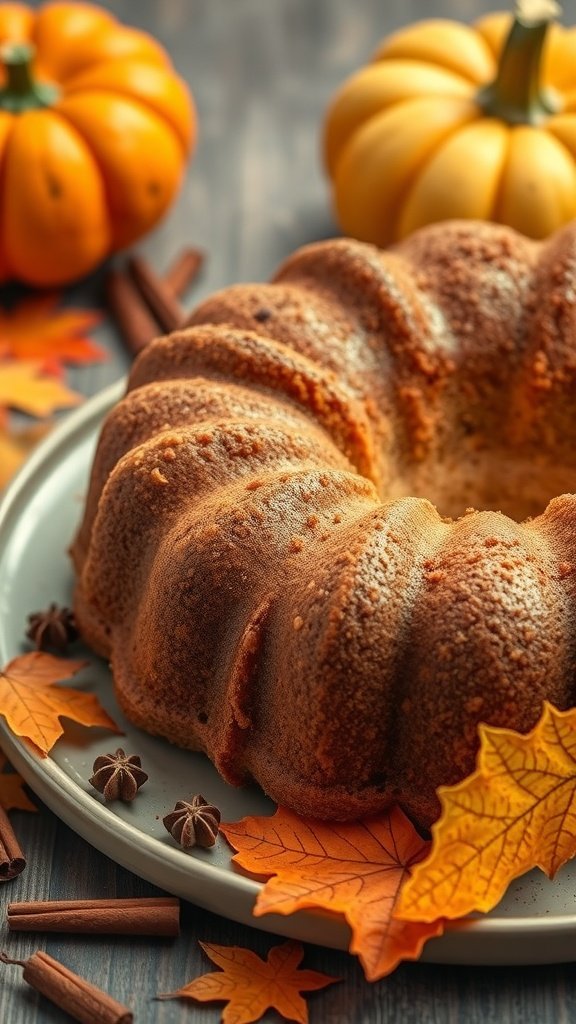 A delicious cinnamon coffee cake surrounded by pumpkins and autumn leaves.