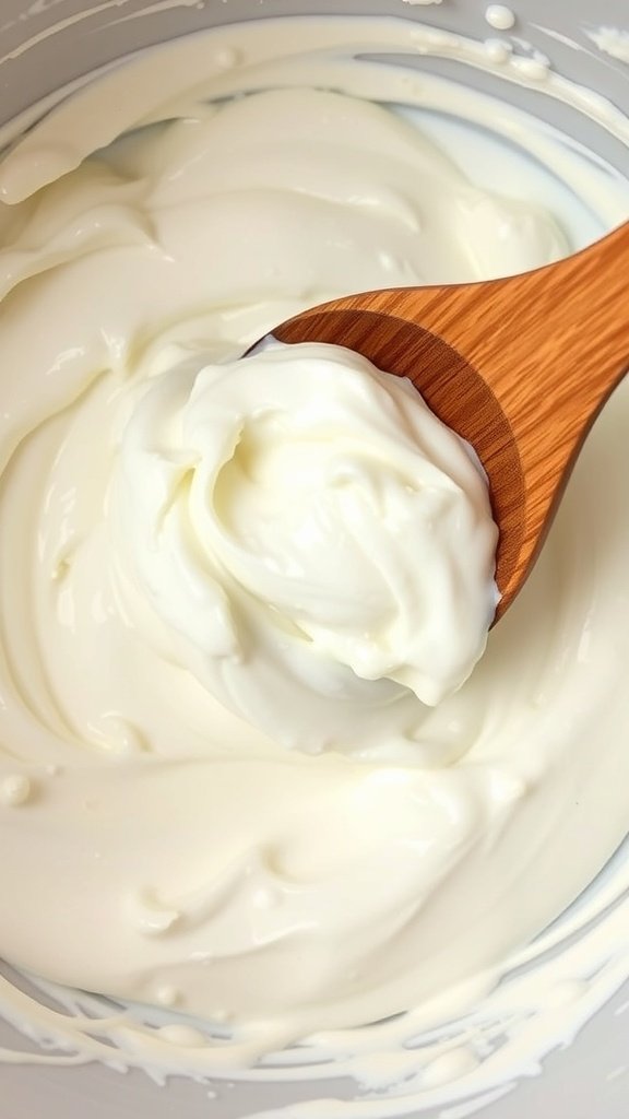 A close-up of creamy sour cream in a bowl with a wooden spoon.