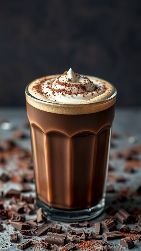 A rich dark chocolate mocha latte topped with whipped cream and cocoa, surrounded by chocolate shavings.